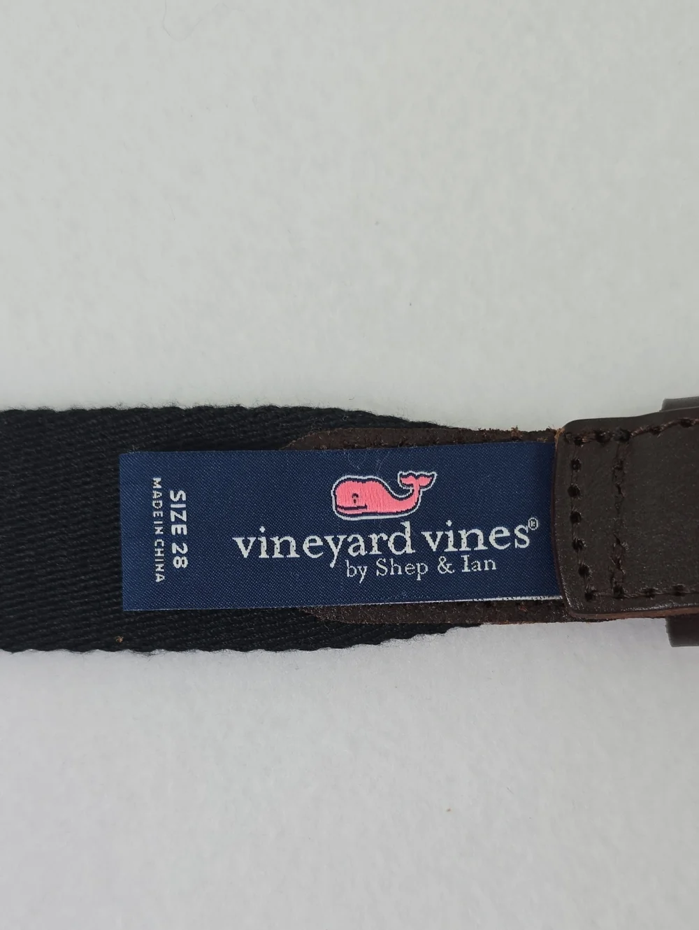 Vineyard Vines Brown Leather Trim Blackwatch Navy Plaid Belt - 28 Waist